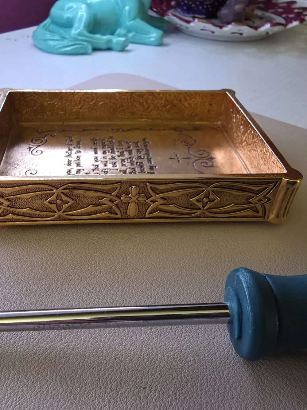 Gold Decorative Trinket Tray with Script Prayer